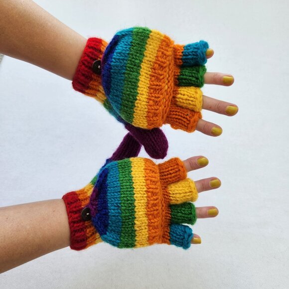 Rainbow Convertible Fingerless Mittens Gloves Pride Rainbow Dash Colorful Cute - Picture 4 of 7